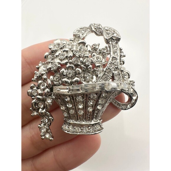 Vintage silver tone rhinestone floral basket brooch